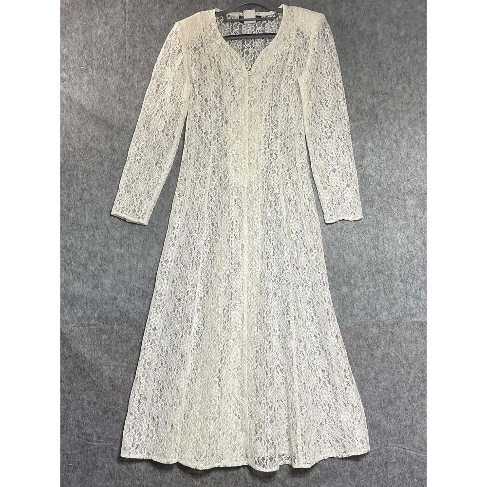 Vintage All That Jazz Dress Womens Small Cream Sheer Lace Fit & Flare Maxi USA *